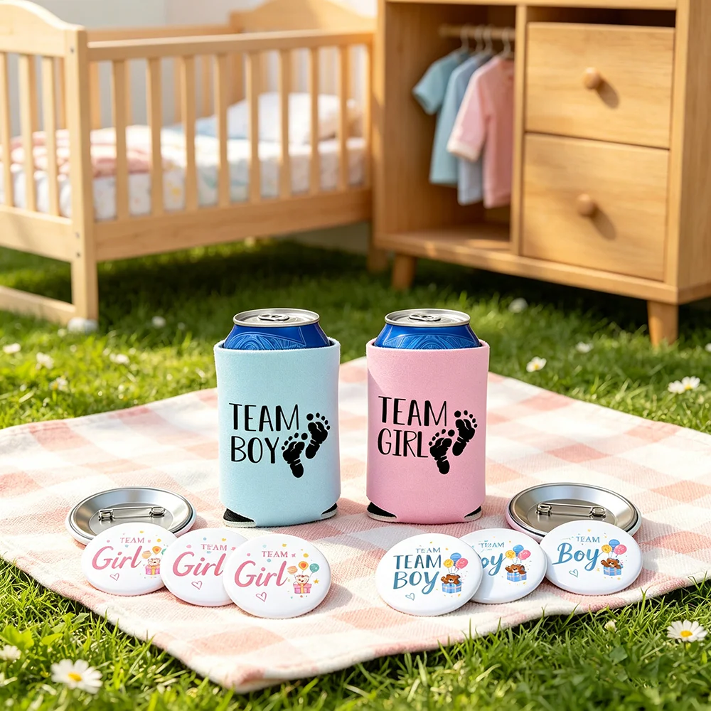 Geschlechtsenthüllungs-Party-Gastgeschenk für Babyparty Schwangerschaftsankündigung Zubehör Tischdekoration Servietten Team Junge oder Team Mädchen Button – Detail 4