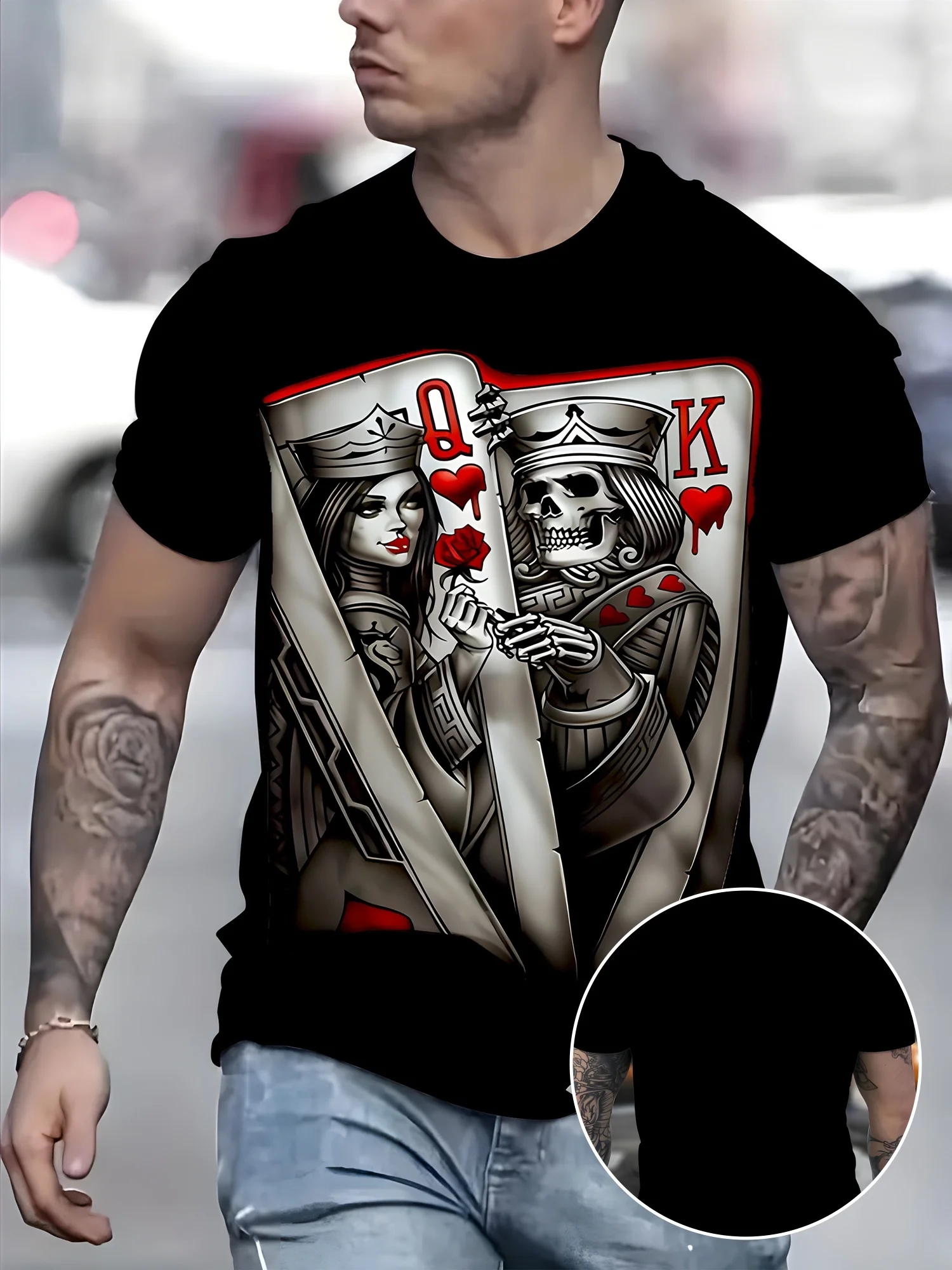 

Poker & Skull Graphic Print Tops, Plus Size Men's T-shirt, Summer Trendy Casual Short Sleeve Tees, Outdoor Sports Clothing