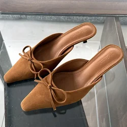 Designer Luxury Suede Slippers Women 2025 Sexy Pointy Toe Bowknot Slide Sandals Summer Comfort Low Heel Mules Sandals for Women