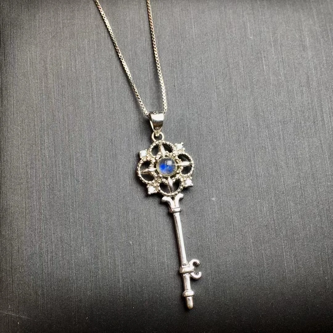 

1 Pc Fengbaowu Natural Blue Moonstone Pendant 925 Sterling Silver Key Reiki Healing Stone Fashion Jewelry Gift For Women Men