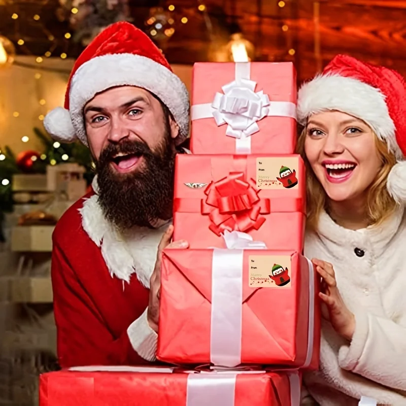 1roll/200pcs Christmas Gift Labels -Self-Adhesive Writable Labels with Santa,Reindeer,Merry Christmas Text - Red & Green Holiday