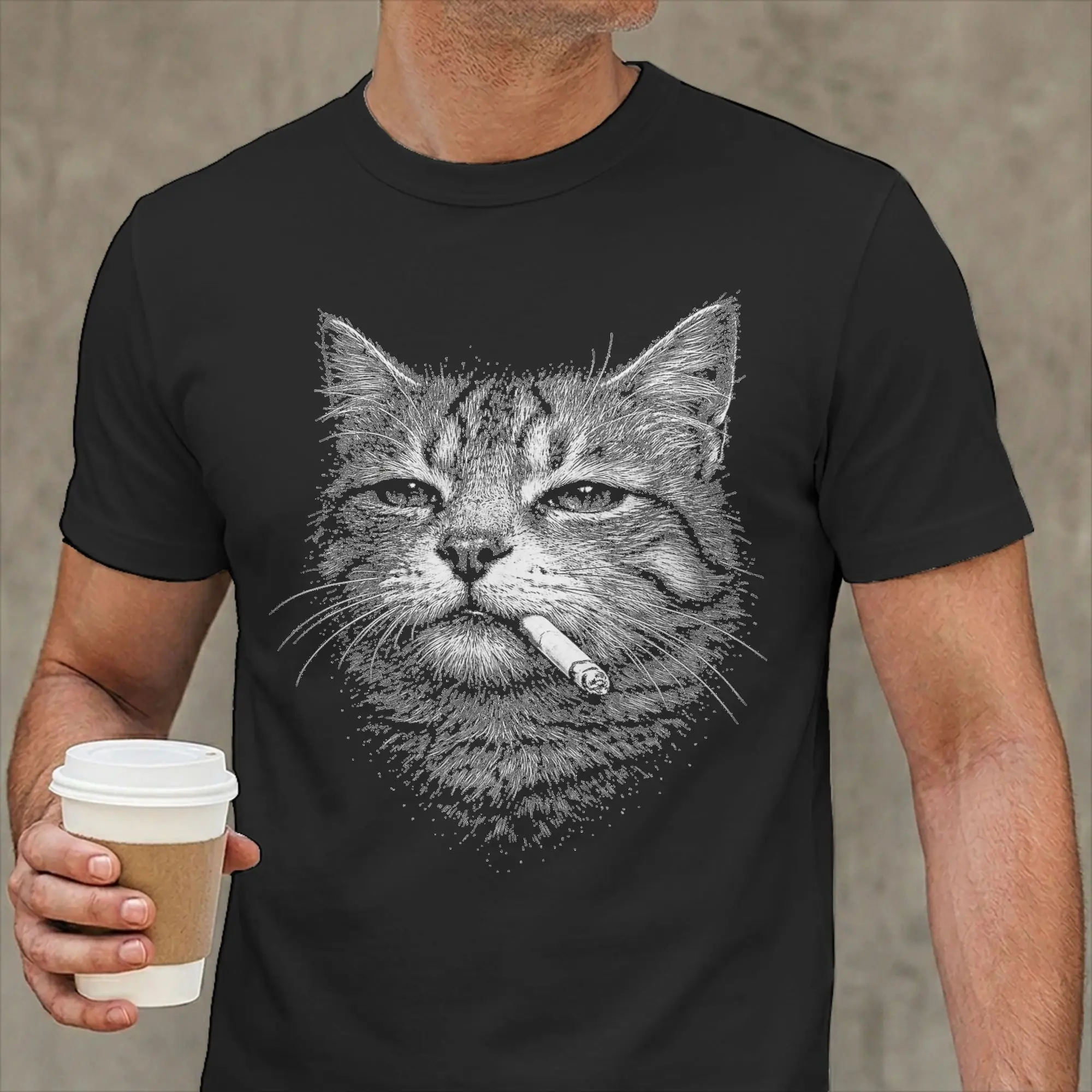 Cat Smoking Cigarette Funny Meme T-Shirts Men  Unique Cotton Tee Shirt Crewneck Short Sleeve T Shirts Summer Clothing