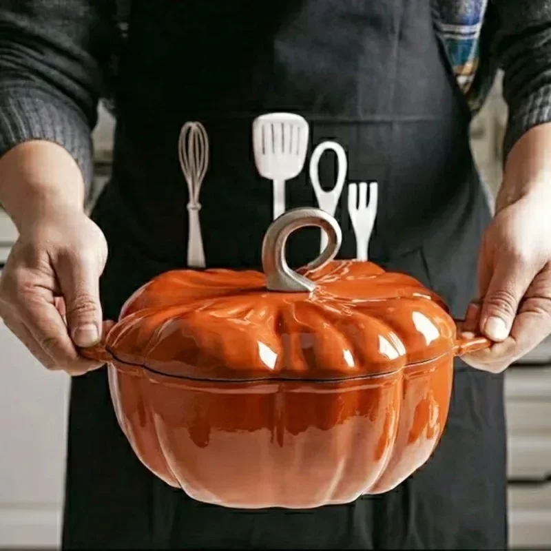 

3.7L Enamel Coated Cookware Pumpkin Enameled Cast Iron Cooking Pot NonStick Enamel Pot Casserole Dish 12inch for All Heat Source