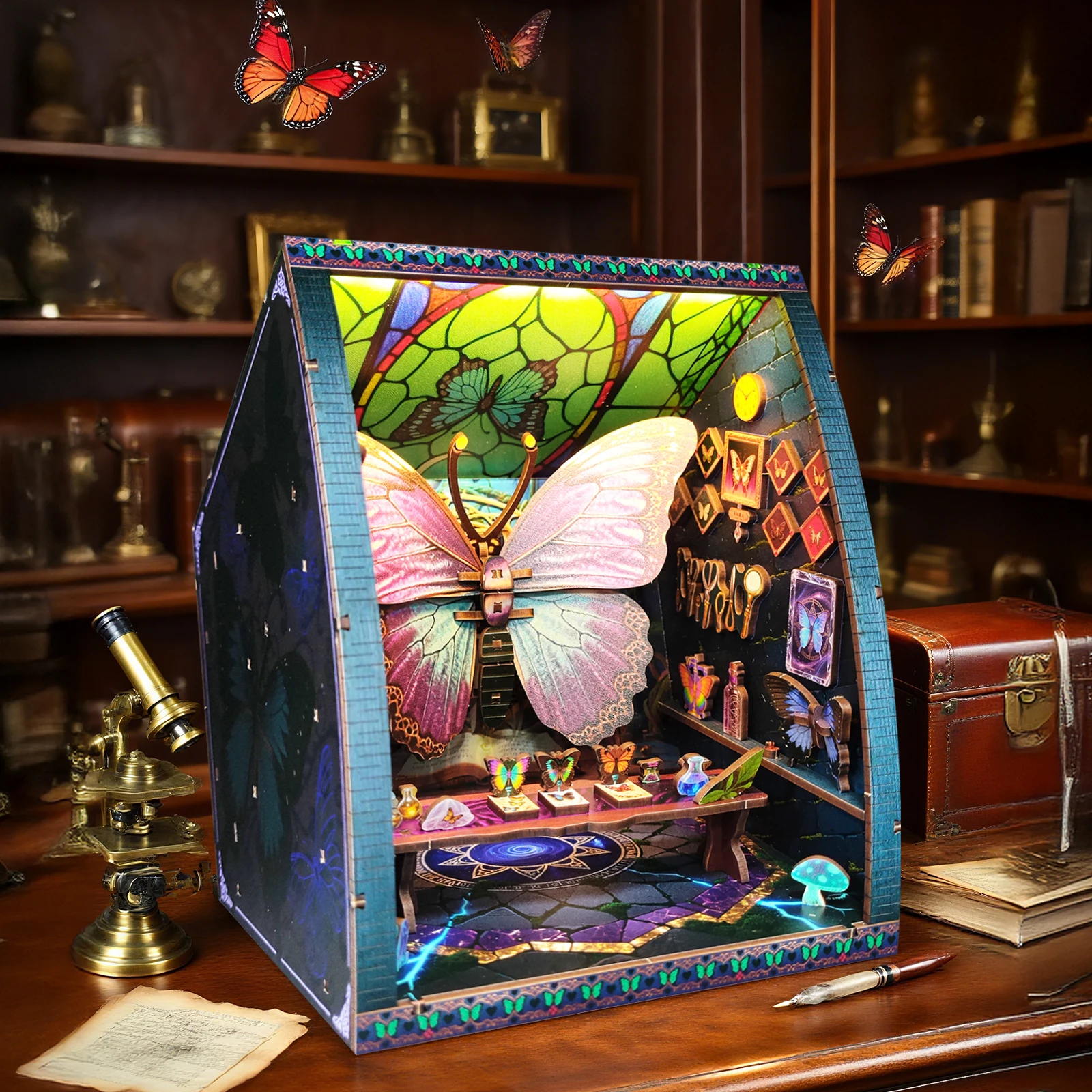 DIY 木製ミニチュア組み立てキット バタフライコレクションルーム ドールハウス 家具付き ライト付き カサ 友達への誕生日プレゼント
