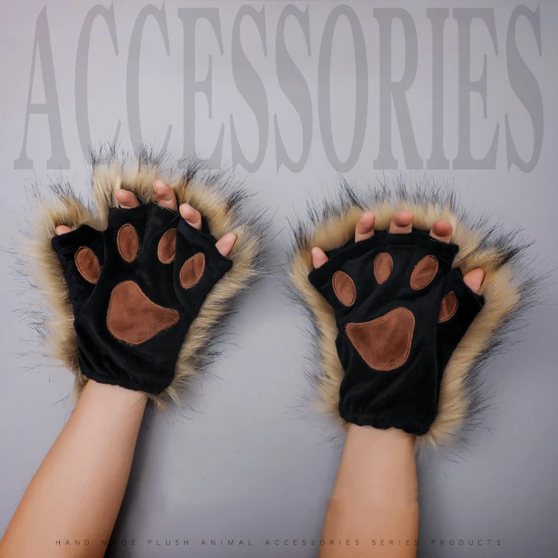 12 Colors Plush Gloves Cute Imitation Claw Halloween Cosplay Props Cat Paw Animal Tiger Cow Half Finger Gloves Furry Paw Gloves