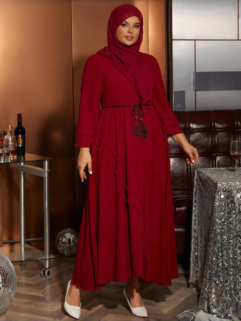 عباية نسائية للعيد مع وشاح فستان حجاب فساتين حمراء للحفلات الطويلة رداء قفطان إسلامي جلابية قفطان رمضان 2026 فيستدوس لارجوس #2