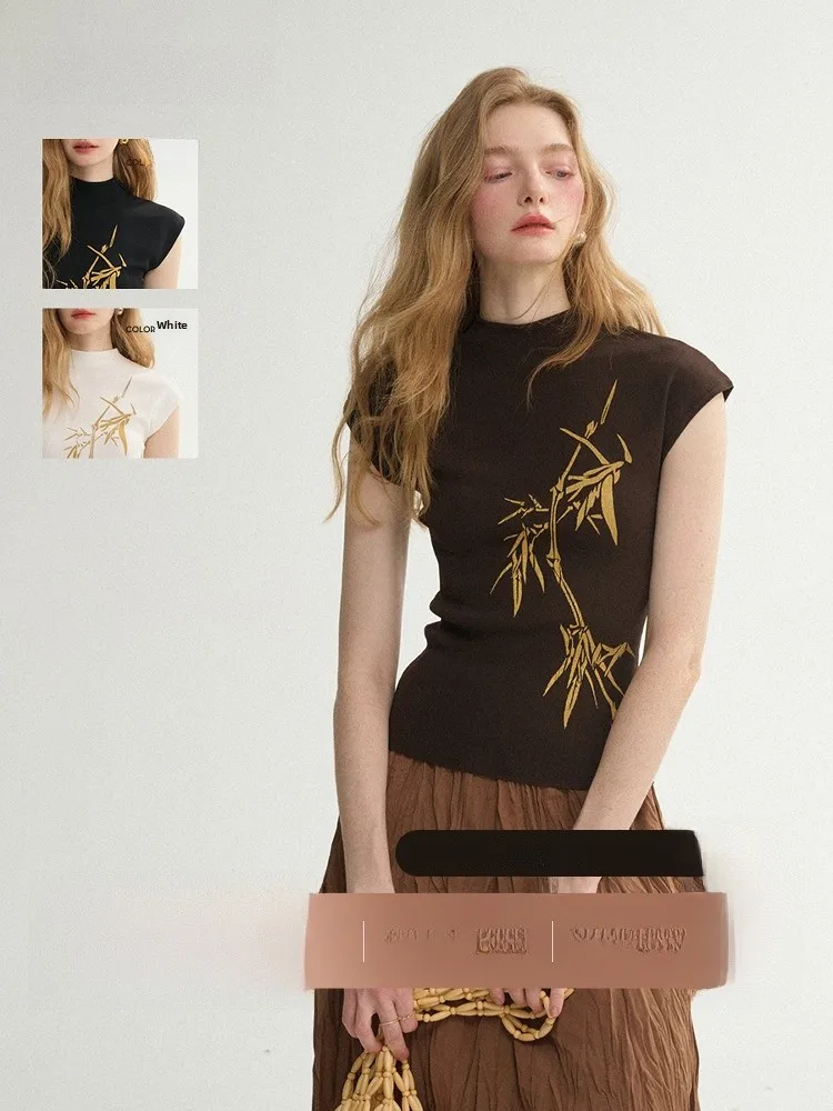 

since Then Chinese Sle High Collar ort Sve Knitted Top Women's Inner Wear Summer Floral Print Slim Fit T-irt