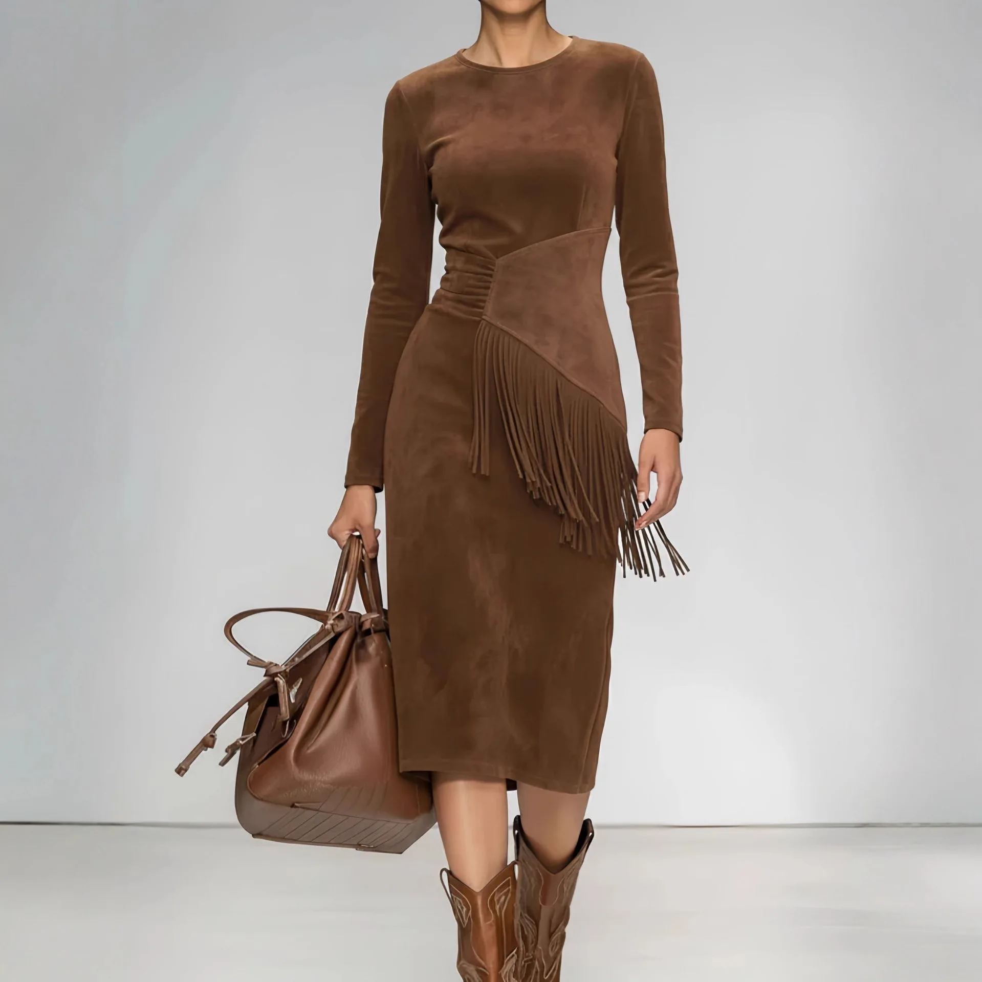 

Europe Americ Suede Long Dress for Women Solid Long Sleeves Round Neck Maxi Dress Elegant Tassel Splicing Bodycon Hip Dresses