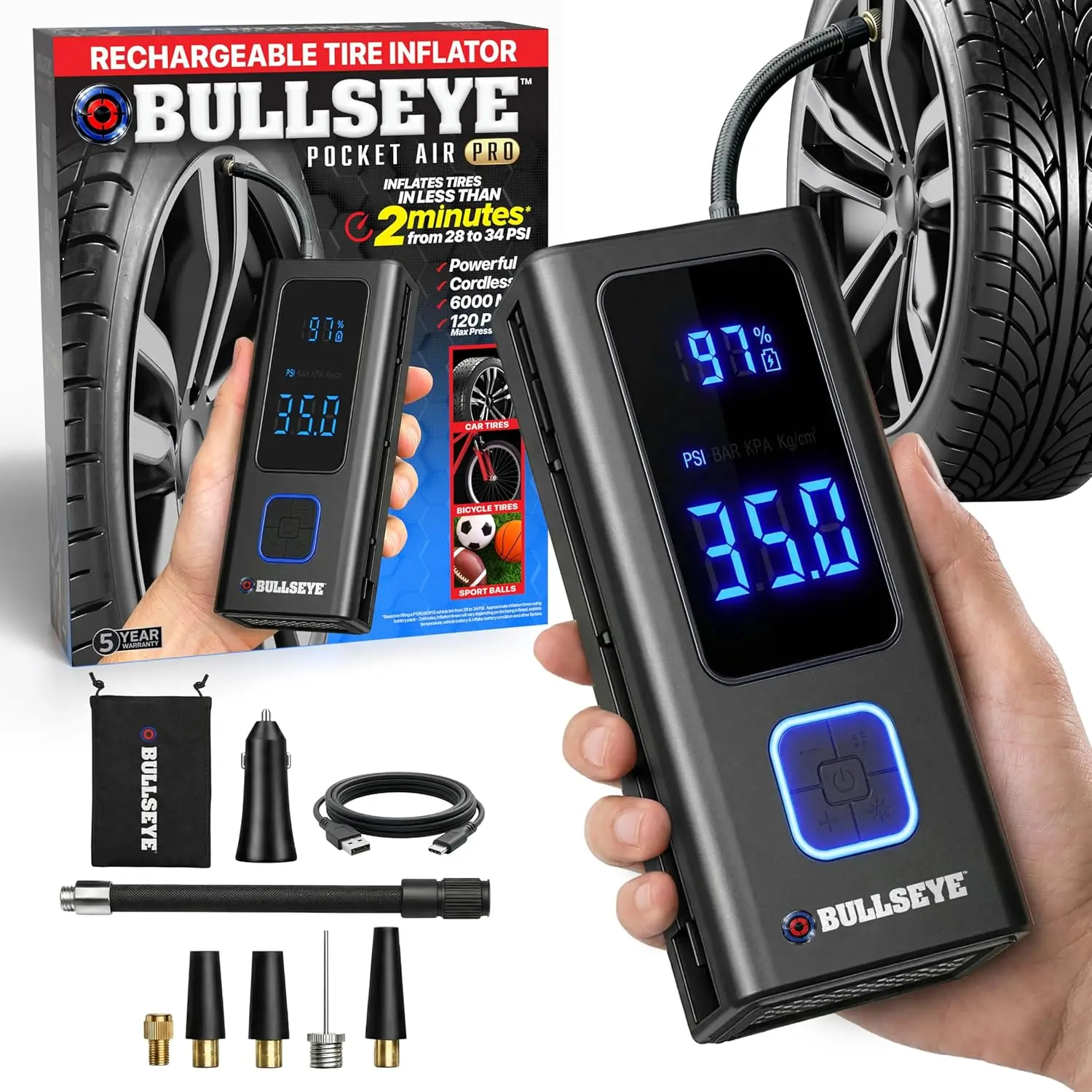 

Portable Tire Inflator with Auto Shut Off, Cordless 6000MAH, 150 PSI for Tires and Bikes in 2 Min