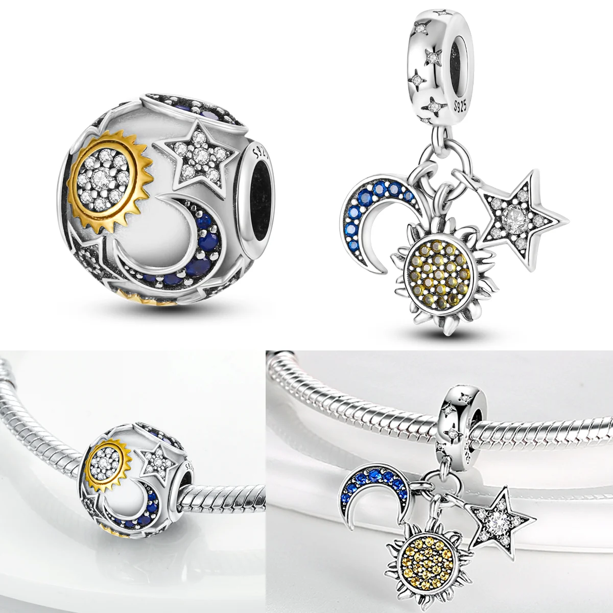 

925 Sterling Silver Sun Stars Moon Charms Bead CZ Zircon Dangle Fit Original Bracelet DIY Women Jewelry