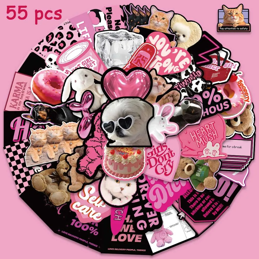 55pcs Fashion Pink Ink English Sticker Creative Cool Decal For Phone Luggage iPad Bicycle Decoration Sticker Student Reward Gift