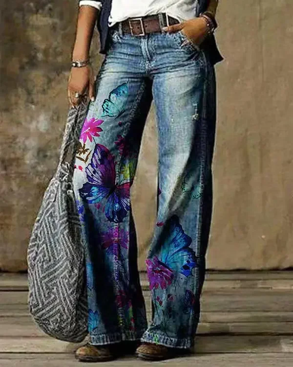 

Jeans Women Vintage Flare Pants High Waist Pockets Distressed Washed Print Ankle Length Trousers 2025 Autumn Casual Denims