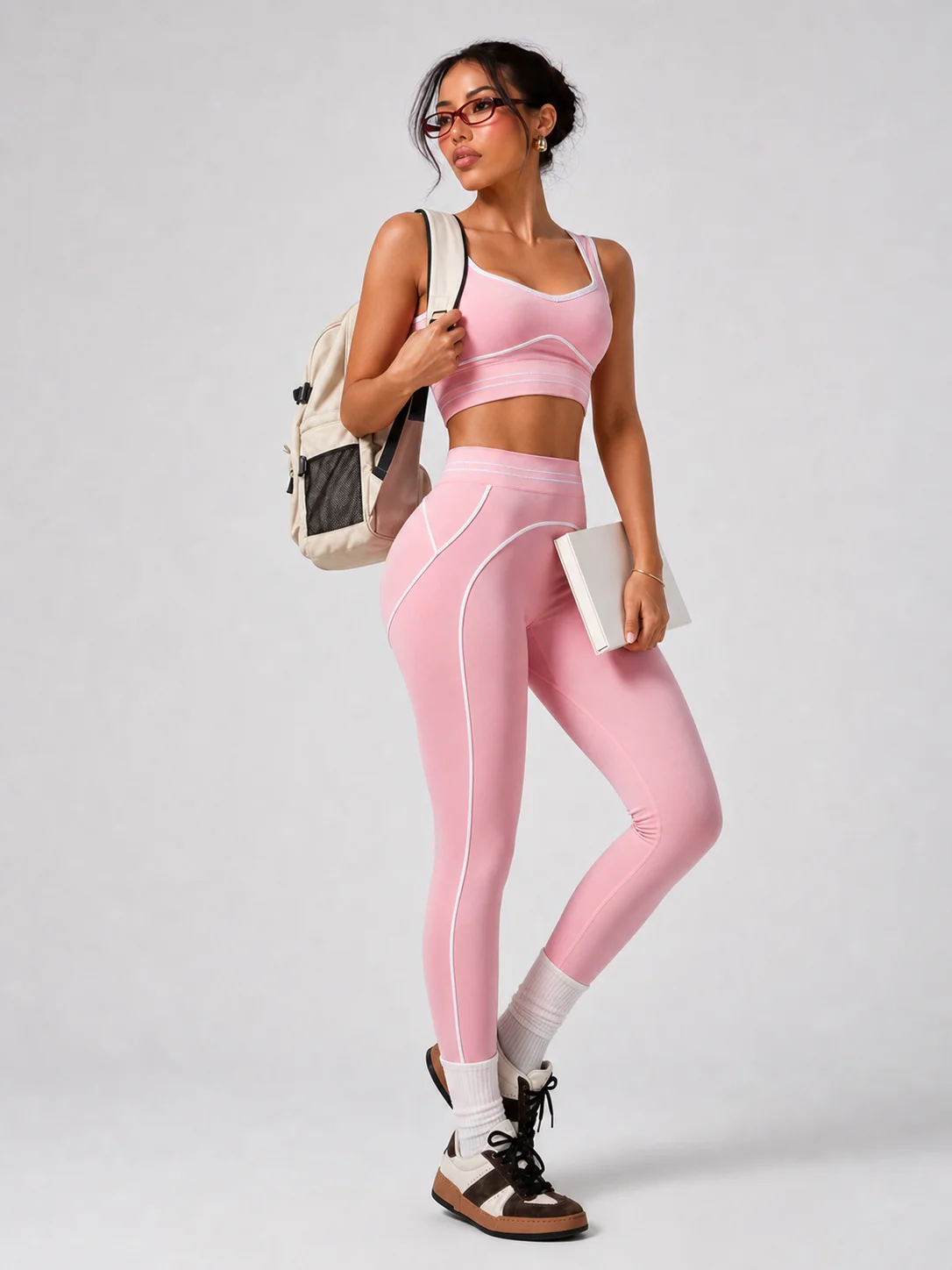 Women Contrast White Line 2 Piece Yoga Outfit U Neck Sports Bra Crop Top High Waist Seamless Leggings Gym Running Fitness Workou