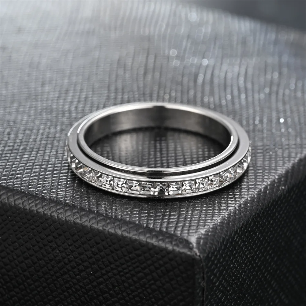2026 Stainless Steel Square Diamond 4MM Niche Stress-reducing And Anti-anxiety Casting Rotatable Ring Size 5 6 7 8 9 10 11 12
