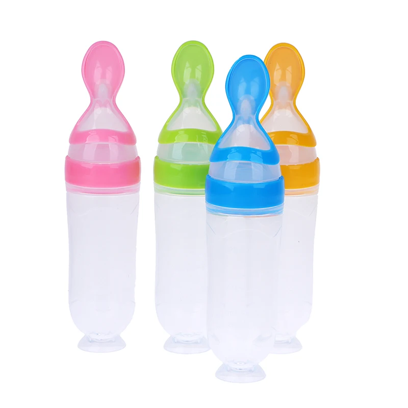 Botella de alimentación exprimidora de silicona para bebé, cuchara de entrenamiento para recién nacido, alimentador de suplemento de cereales, vajilla útil segura para niños, 90ml