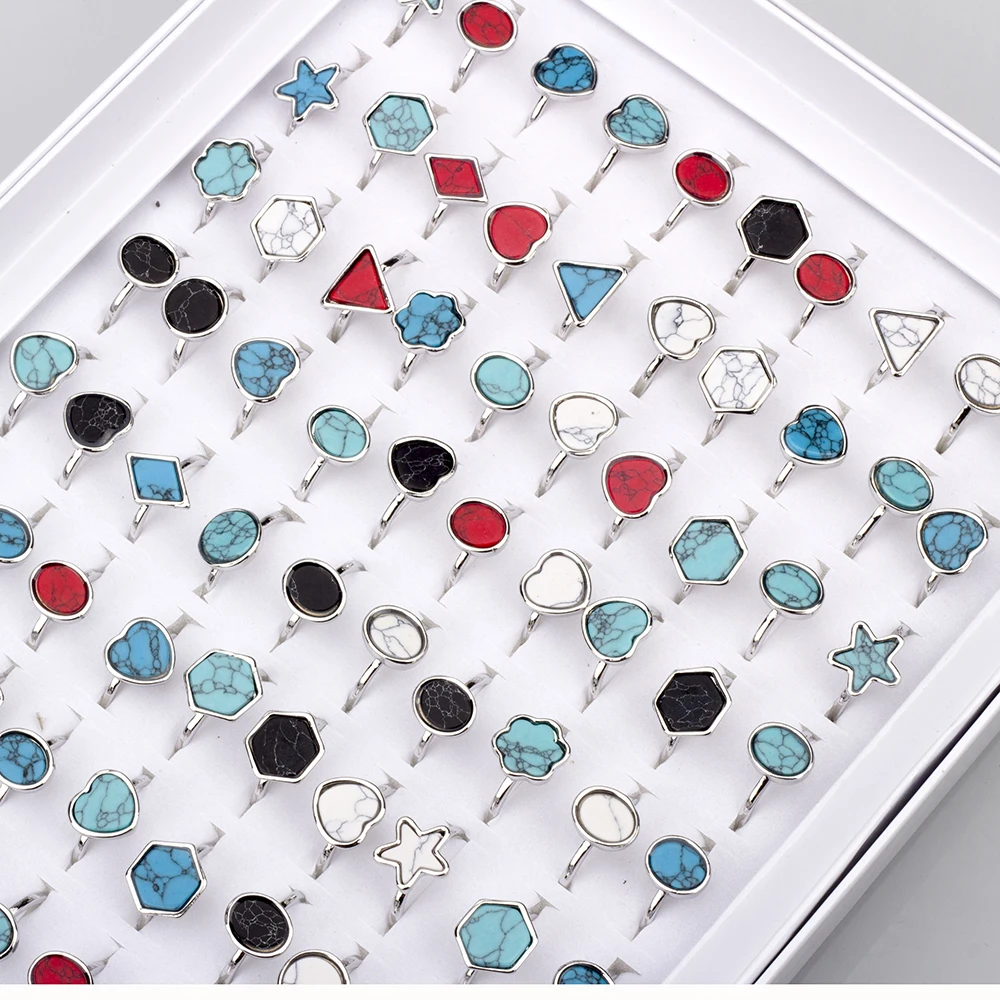 50 Pcs/Lot Retro Stone Rings Men Vintage Alloy Couple Turquoise Jewelry Rings Women Wedding Wholesale Gifts