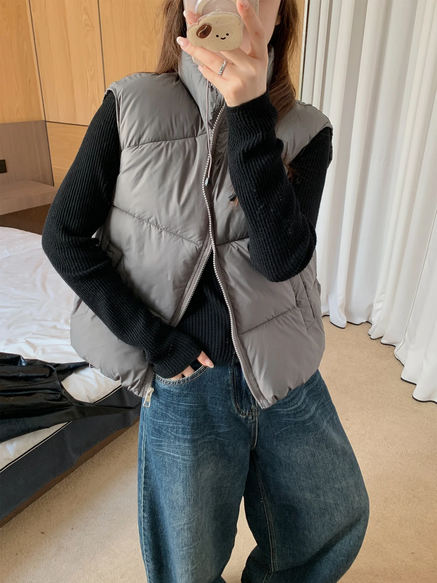 Winter Women Cotton Padded Vest Korean Casual Fashion Solid Color Simple Versatile Thick Warm Stand Up Collar Sleeveless Jacket