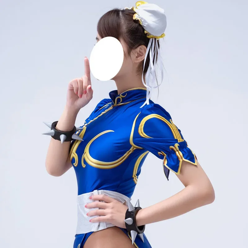 Blu rosa cheongsam Street Fighter game dress elastico Li cosplay costume donna Halloween sexy outfit wristband set sutorito FAIT