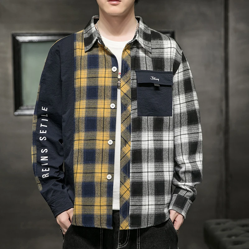 Nice Men's Spring Casual Patchwork Long-Sleeved Cotton Plaid Shirts Oversized M-4XL Autumn HipHop Tops Coats Streetwear Clothing