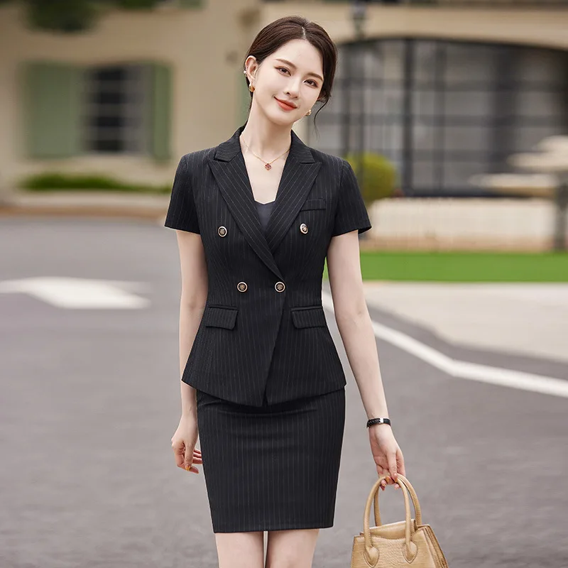 High-End Striped Business Suit Women2024Summer Short Sleeve Fashion Temperament Jewelry Hotel Front Stage Work Wear Clothes