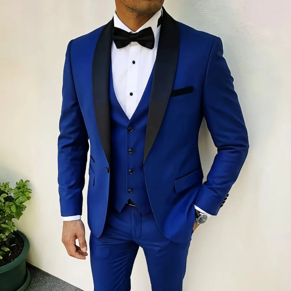 

New Men's Crisp Collar Slim-fit Suit with Single Button 3pcs Suit Jacket Business Formal Party Jacket Vest And Trousers