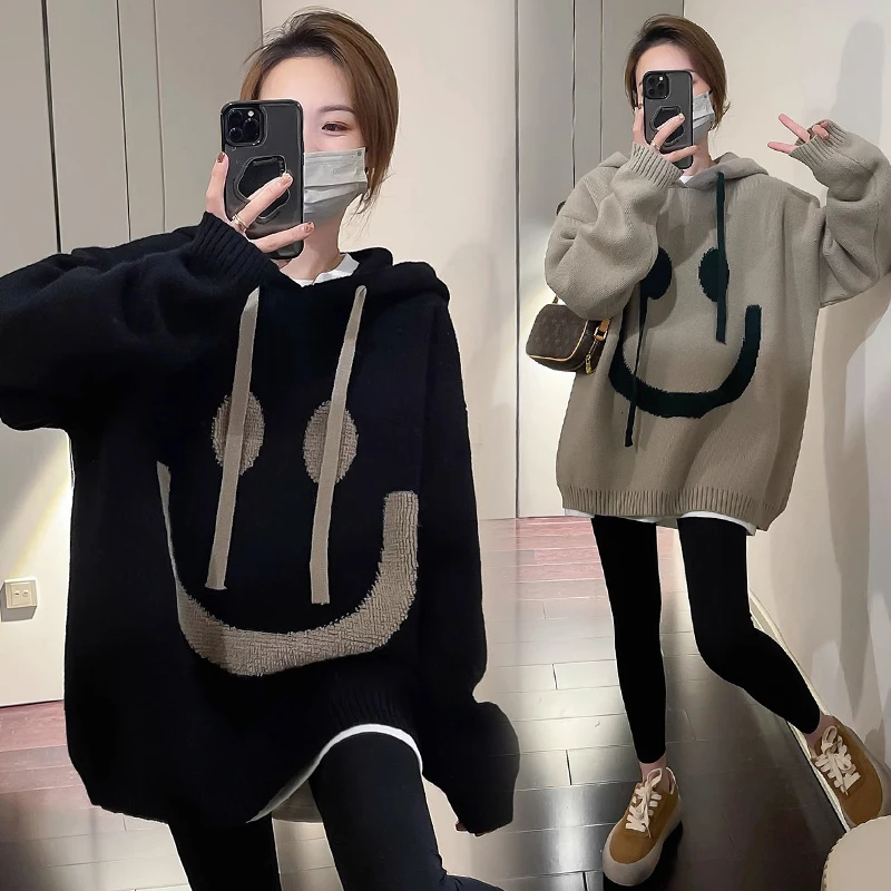 8086# Autumn Winter Smile Knitted Maternity Sweaters Oversize Loose Hoodies Clothes for Pregnant Women Pregnancy Tops