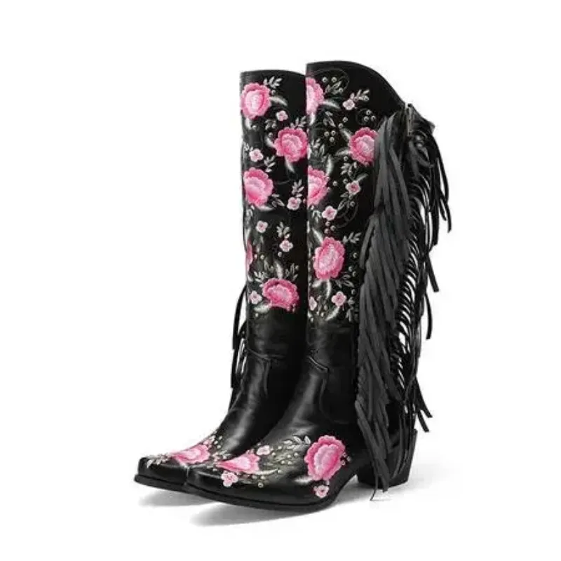 Cowboy Boots for Women Fringe Embroidery Flower Sweet Western Boots Cowgirls Roman Block High Heeled Shoes Autumn 2025