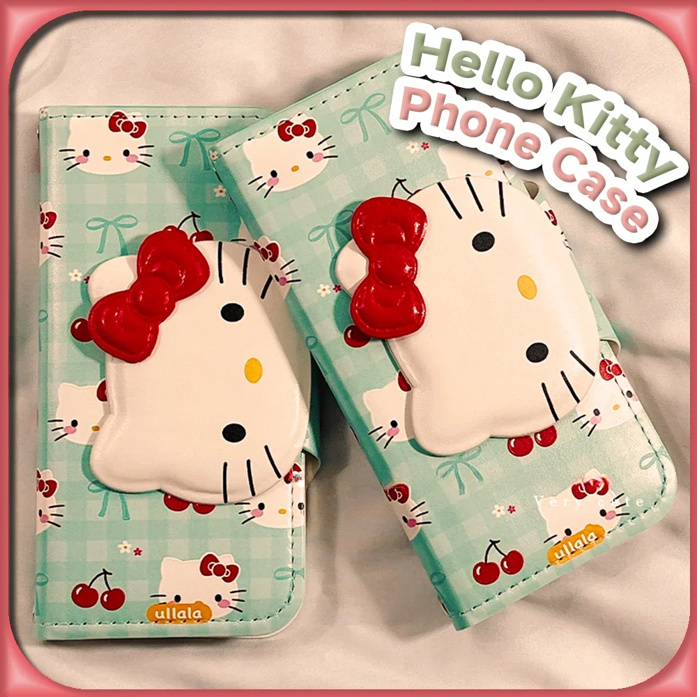 Kawaiiเชอร์รี่Hello Kitty Flip PUสําหรับIPhone 15 14 13 Pro Max Sanrioอะนิเมะน่ารักแฟชั่นป้องกันพร้อมผู้ถือบัตร