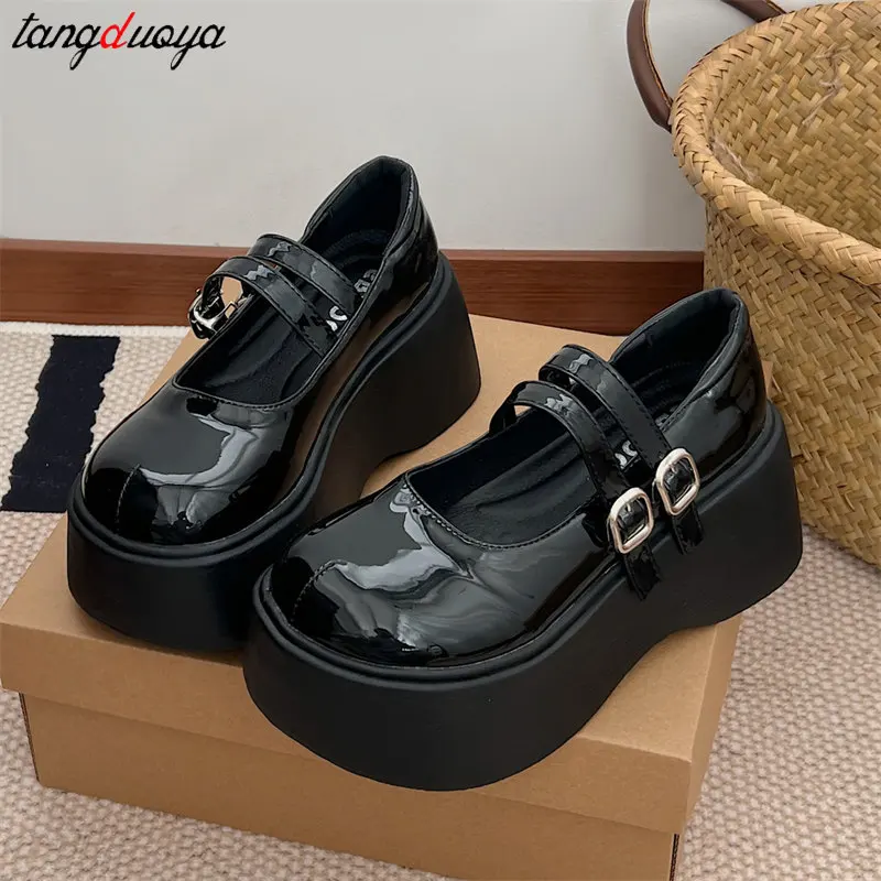 Jesień Harajuku Japanese Punk Rock Gothic Lolita Shoes Women Wedge High Heels girls College style Thick Sole JK uniform shoes