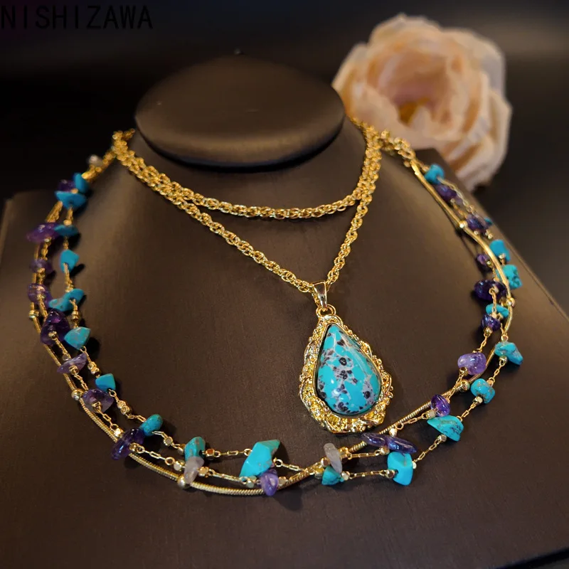 

NISHIZAWA Turquoise Necklaces for Women Luxury Multilayered Palace Style Vintage Collares Para Mujer Fashion Jewelry