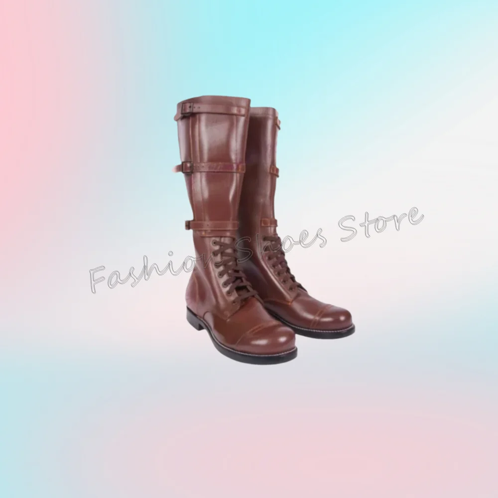 

Brown Strappy Buckle Decor Round Toe Men's Boots Matte Leather Knee High Shoes for Men Knight's Shoes Zapatos Para Hombres