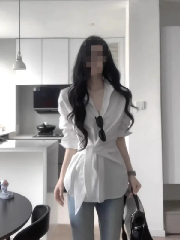 

Женская белая рубашка больших размеров с длинным рукавом и поясом, весенне-летняя повседневная свободная блузка, удобная, дышащая, в корейском стиле, рабочая одежда