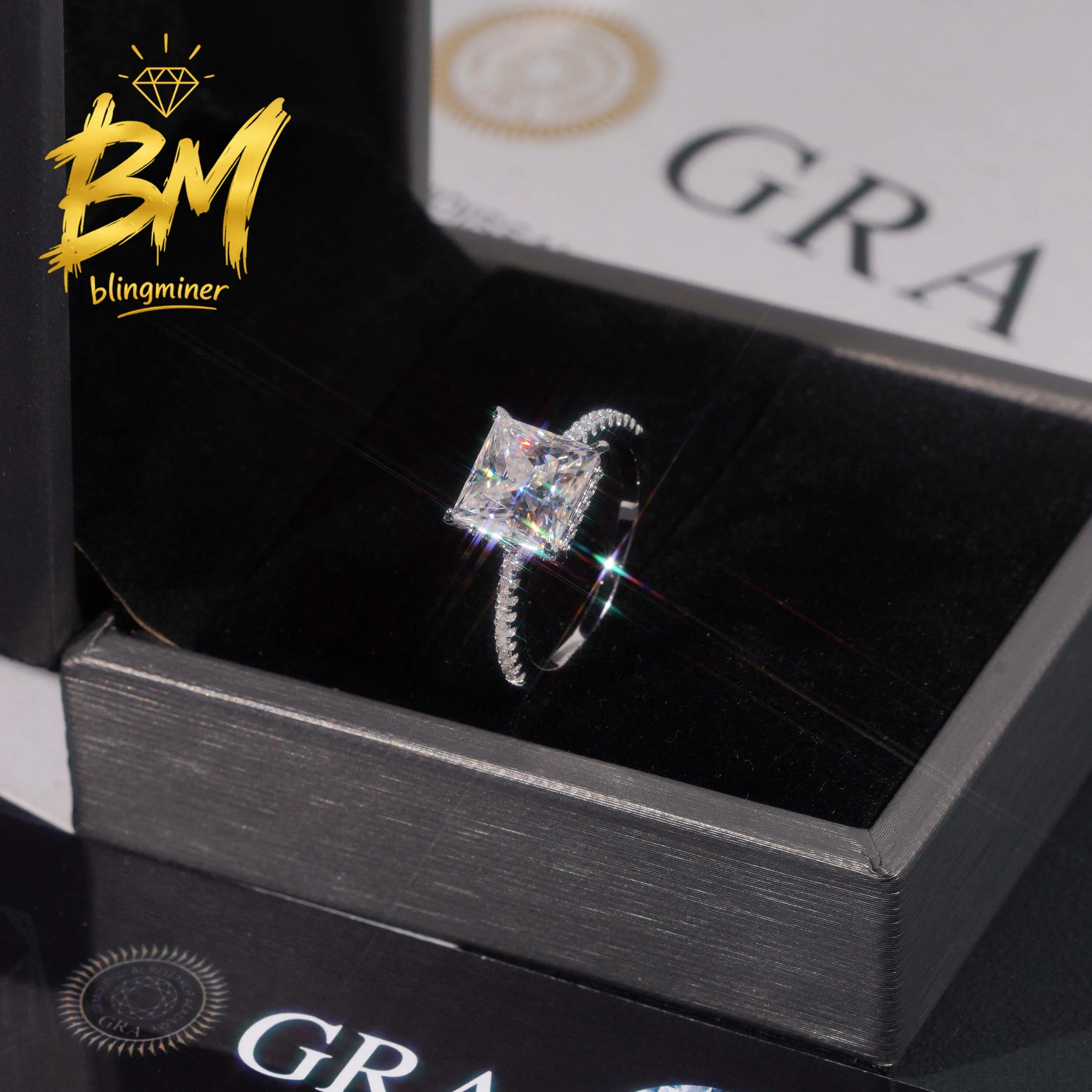 Blingminer S925 Silver 3CT Princess Cutald Cut VVS Moissanite Rings Engagement Wedding Women Finger Jewelry Pass Diamonds GRA