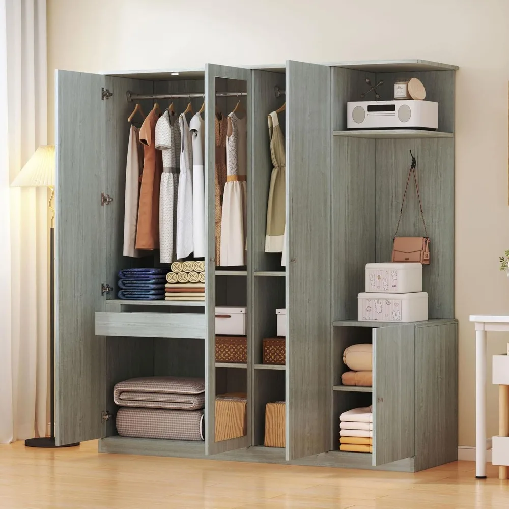 

4-Door Wardrobe with Full-Length Mirror, Shoe Storage & Anti-Tip Design, Modern Closet Organizer in Natural Wood