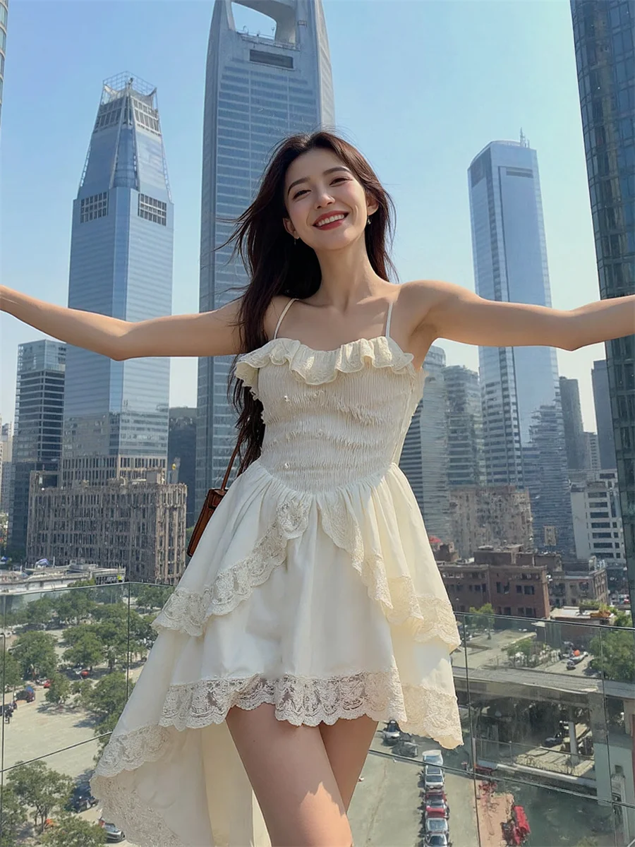 レディースドレス Aライン レースアップ フリルエッジ オンブレ ローカット シャイニー サークル パッチワーク 透かし花柄裏地 シルバーチャーム アシンメトリー