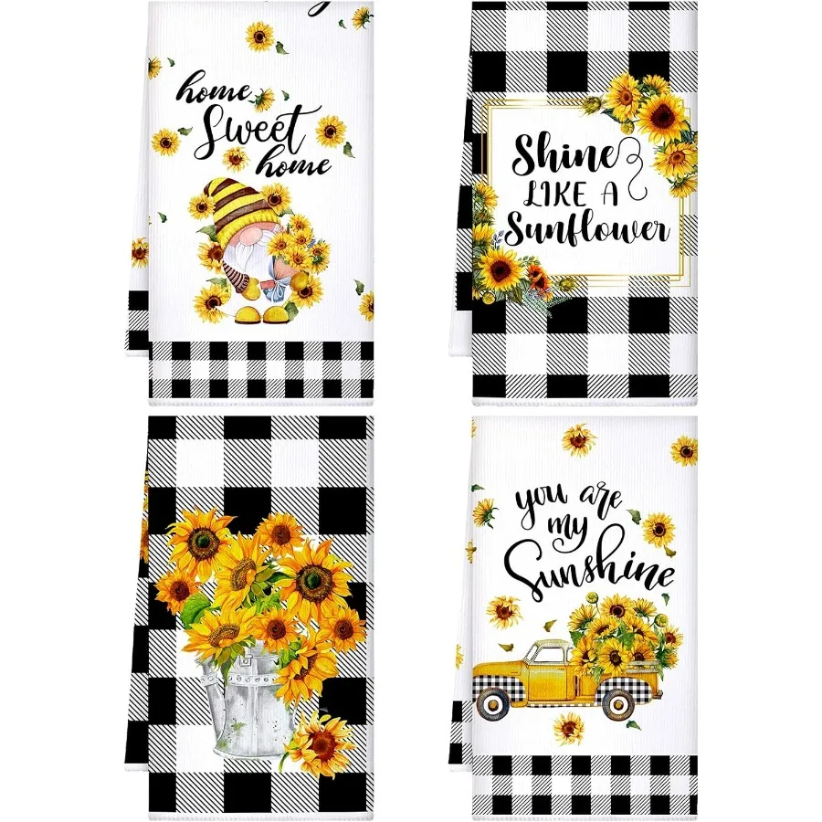 

4 Pcs Sunflower Kitchen Towels Gnome Dish Cloth Flower Bee Lemon Sunshine Tea Hand Towels Absorbent Plaid Washcloth for Holiday