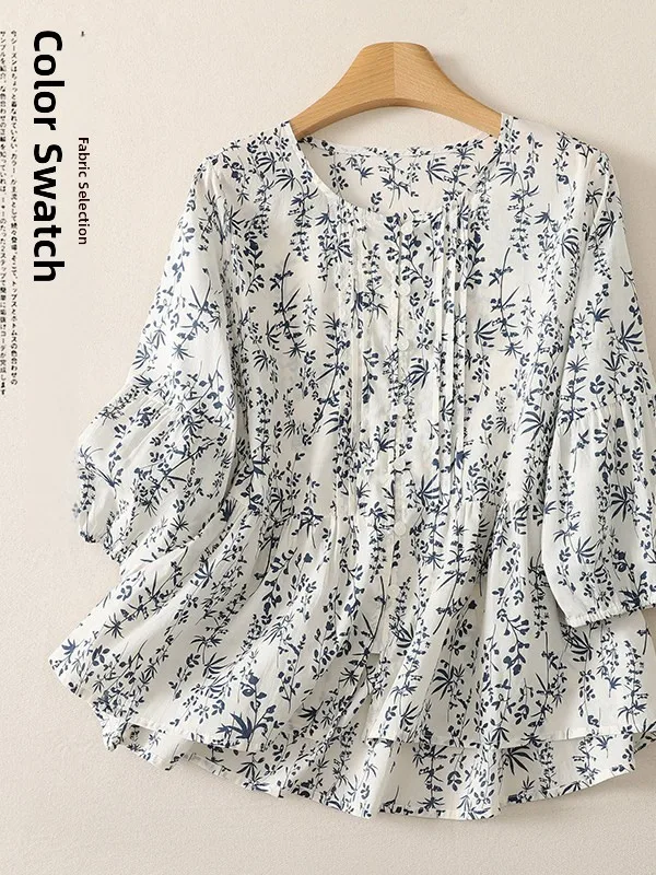 

Summer Artistic Style Printed Loose Fit Women's Top Breathable Casual Versatile Slimming Hoodie Style plus Size Shirt