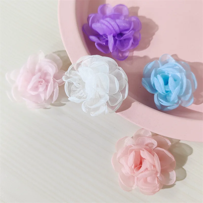 10PCS Mesh burned edge three-dimensional flowers small fresh DIY grip clip hair accessories bag accessories camellia flower deco