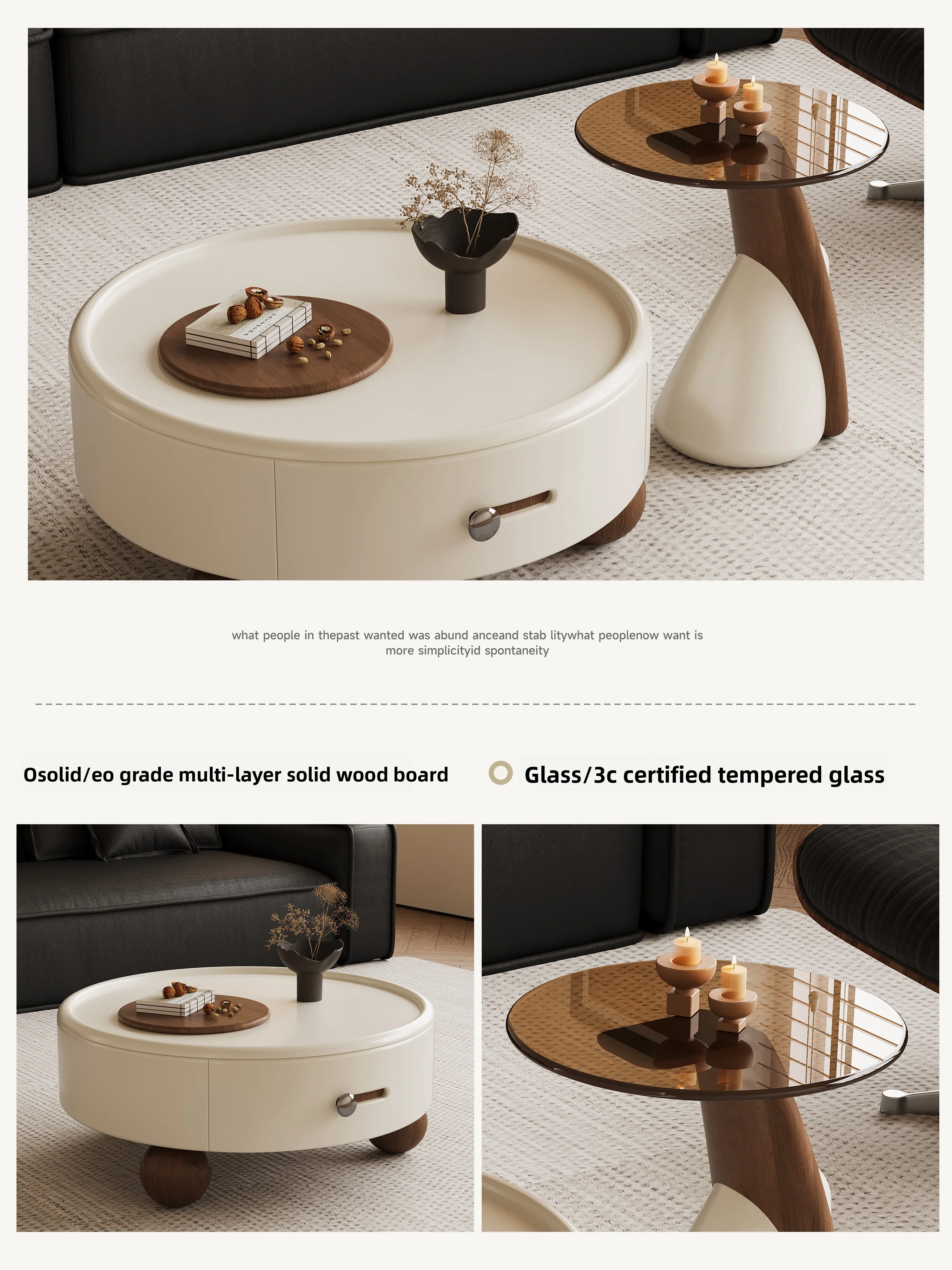 

New style medieval cream style tea table living room small apartment high-end walnut round tea table table