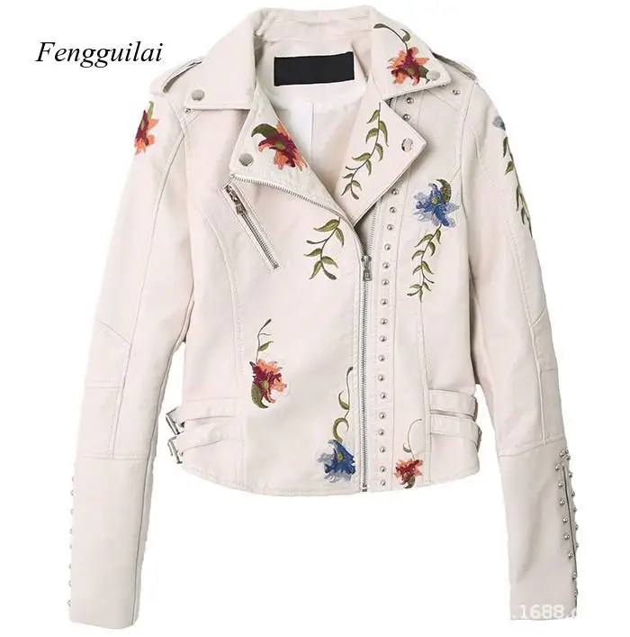 

New Womens Long Sleeve Floral Embroidered Turn-Down Collar Leather Jacket Sportswear Fashion Motorcycle Coat Mujer