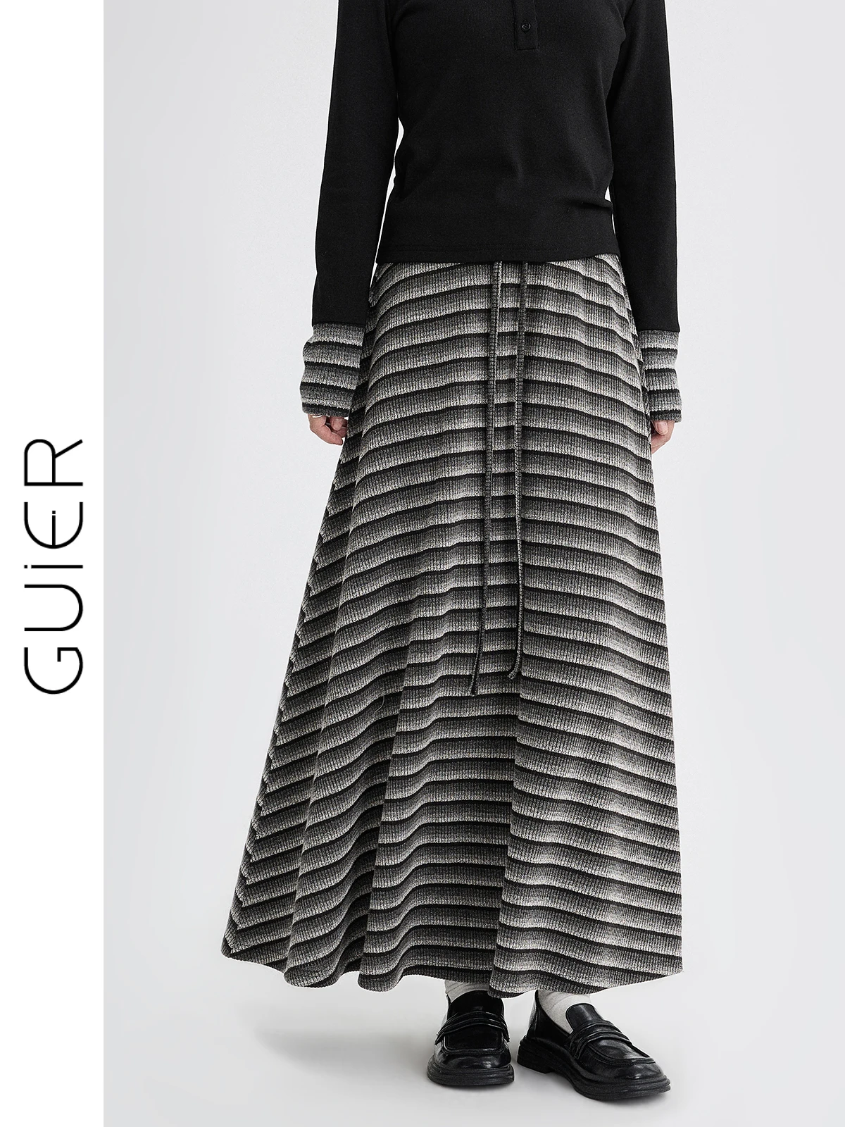

Guier Knitted Stripe f-length Skirt Women's High-waist Loose Slim A-line Long Skirt Spring 2026 New Sle Casual Vintage