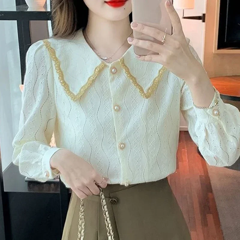 

Fashion Lace Trim Lapel Peal Button Shirts For Women Office Lady Stylish Single-breasted Blouse Korean Solid Color Loose Blusas