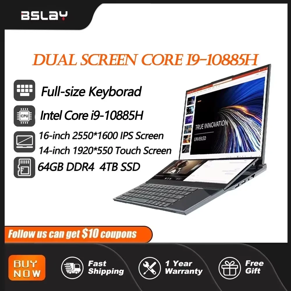 Notebook Intel Core i9-10885H 16,1 + 14,1 Zoll Dual Screen 64 GB RAM 4 TB SSD DDR4 Win11 HD Kamera Touchscreen 5 GHz Gaming Laptop