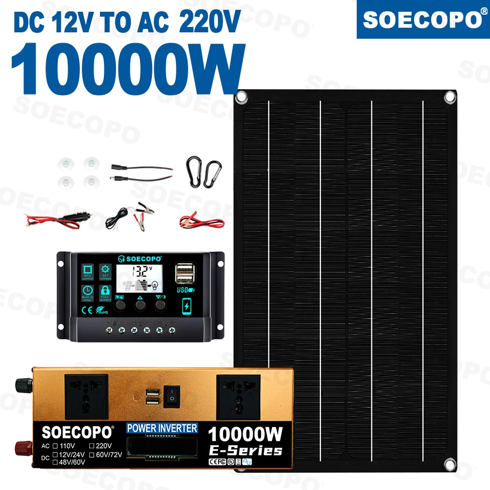 

10000W Home/Camping Backup Solar System Complete Kit Dual12V/24V To 110V/220V Inverter 100A Controller 800W Panel