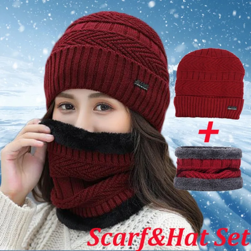 

Winter Beanie Hats for Men Women Knitted Skullies Beanies Thick Wool Neck Scarf Cap Balaclava Mask Outdoor Sports Scarf Hat Set