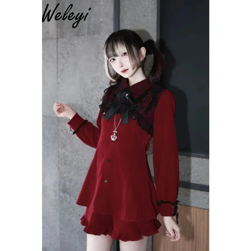 

Jirai Kei Lolita Shorts Set 2024 Spring and Autumn Sub Culture Mine Series Red and Black Heart Shaped Lace Thickened Short Suits