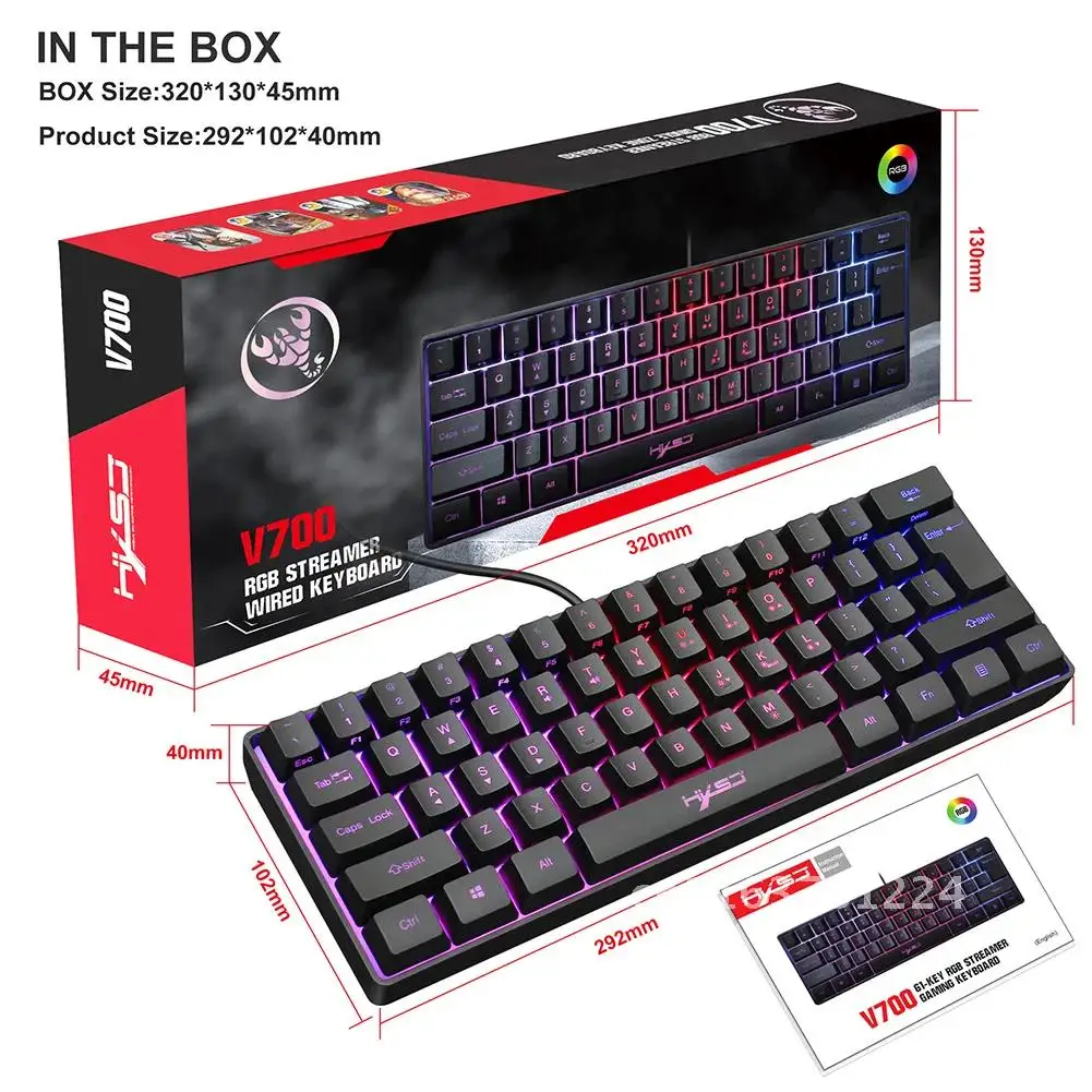 

Wired Gaming Keyboard Adjustable RGB Backlit Multiple Shortcut 61 Keys keyboard Mechanical Feeling For Computer Laptop PC Gamer