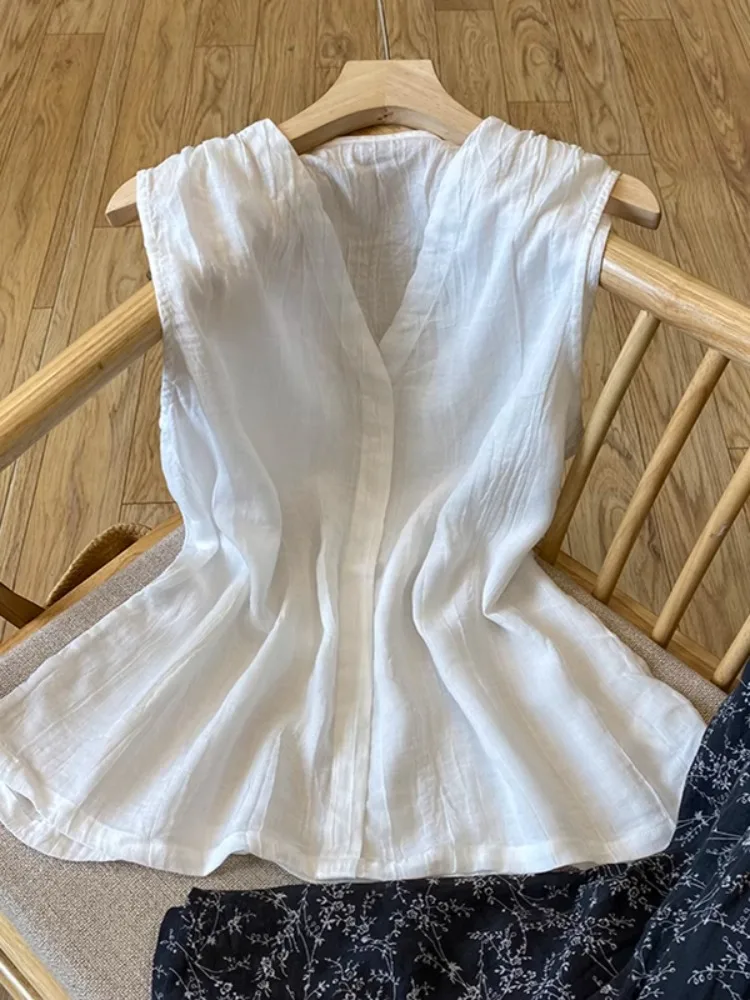 Baumwolle Leinen Vintage Weste für Frauen Sommer Mode Atmungsaktive Dünne Ärmel Einfarbig Einfache Elegante V-ausschnitt Weste Weibliche
