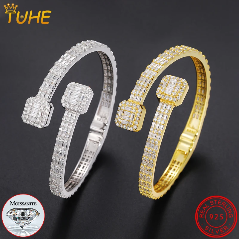 Luxury Iced Out Baguettes Moissanite Bracelets Bangles for Women Men Silver 925 Hip Hop Fine Jewelry Christmas Gifts