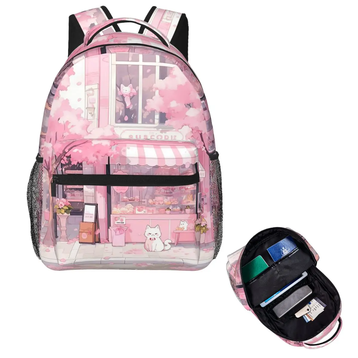 Der niedliche Katzen-Rucksack mit rosa Kirschblüten-Motiv, Cartoon-Schulrucksack, Tagesrucksack für Männer und Frauen, modische Büchertasche, Umhängetasche.